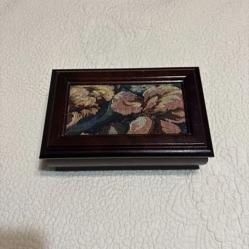 Vintage Wood Jewelry Box Tapestry Needlepoint Top With Mirror